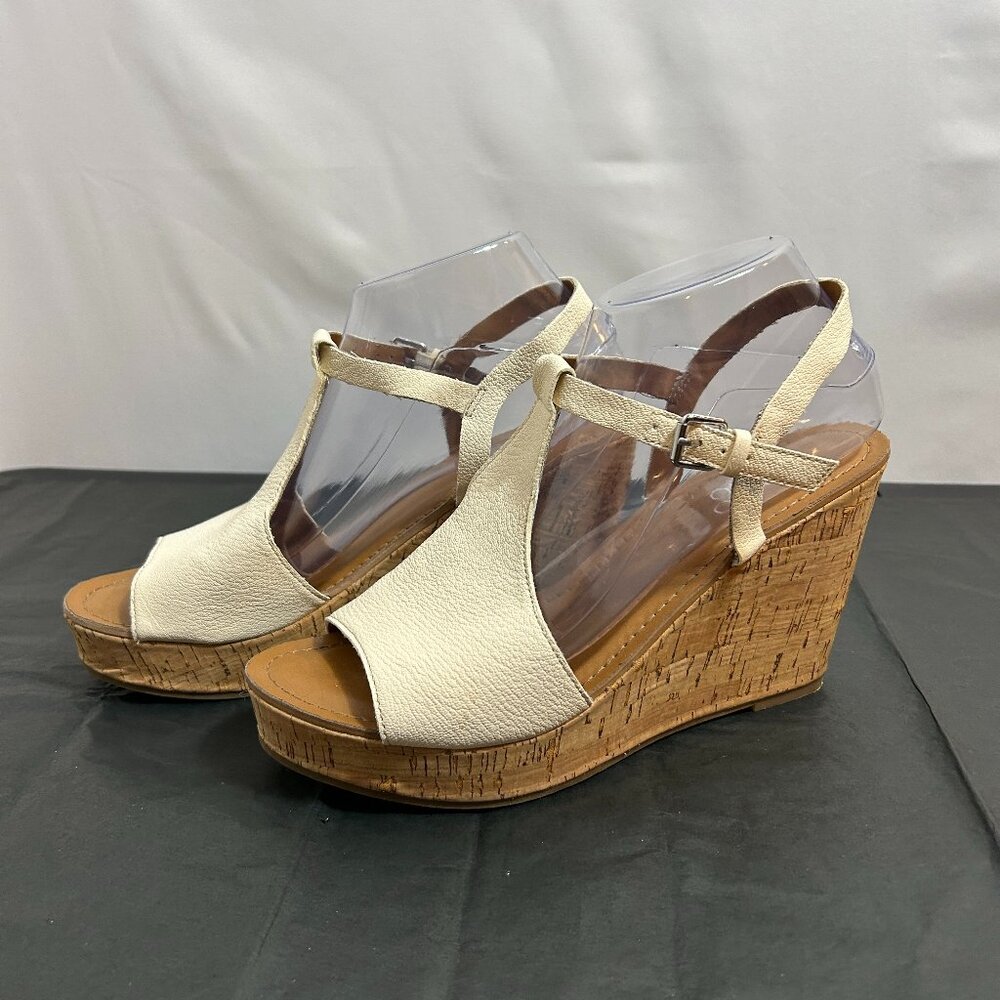 Franco Sarto Clinton cream leather t-strap cork wedge sandals 9M‎